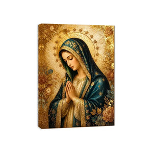 Luxury Virgin Mary wall art with gold halo blue robe and celestial floral religious canvas painting