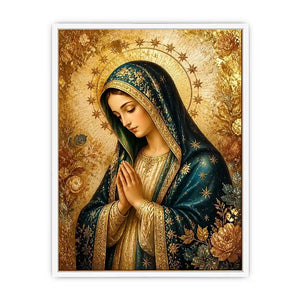 Luxury Virgin Mary wall art with gold halo blue robe and celestial floral religious canvas painting