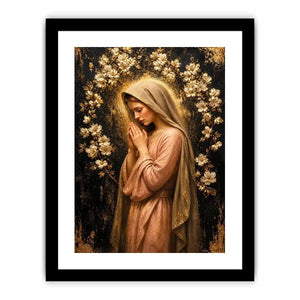 Luxury praying woman wall art with gold floral halo and blush pink spiritual canvas painting