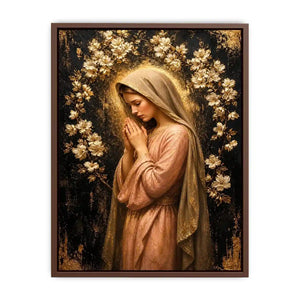 Luxury praying woman wall art with gold floral halo and blush pink spiritual canvas painting