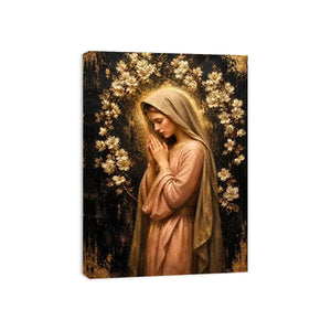 Luxury praying woman wall art with gold floral halo and blush pink spiritual canvas painting