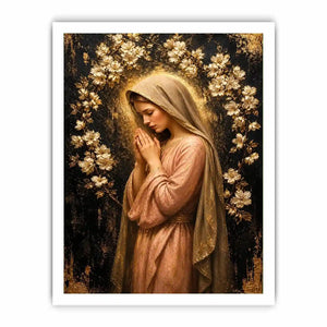 Luxury praying woman wall art with gold floral halo and blush pink spiritual canvas painting