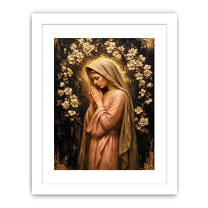 Luxury praying woman wall art with gold floral halo and blush pink spiritual canvas painting