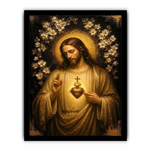 Sacred Heart of Jesus wall art with golden halo and floral luxury religious canvas print