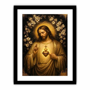 Sacred Heart of Jesus wall art with golden halo and floral luxury religious canvas print