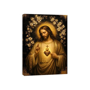 Sacred Heart of Jesus wall art with golden halo and floral luxury religious canvas print