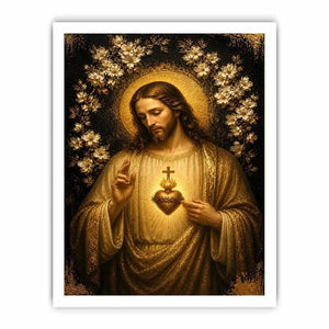Sacred Heart of Jesus wall art with golden halo and floral luxury religious canvas print