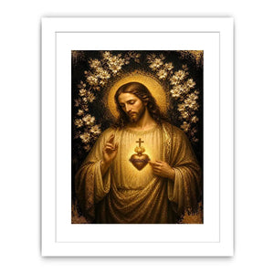 Sacred Heart of Jesus wall art with golden halo and floral luxury religious canvas print
