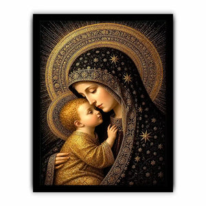 Madonna and Child wall art with golden halos black and gold religious canvas print