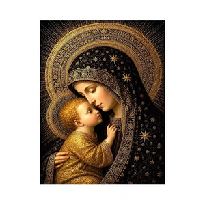 Madonna and Child wall art with golden halos black and gold religious canvas print