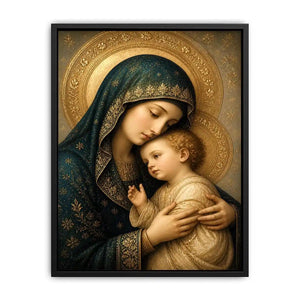 Virgin Mary and Child luxury religious wall art with gold halo and blue robes, sacred Christian canvas painting with Renaissance inspired detailing