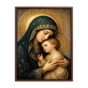 Virgin Mary and Child luxury religious wall art with gold halo and blue robes, sacred Christian canvas painting with Renaissance inspired detailing
