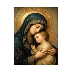 Virgin Mary and Child luxury religious wall art with gold halo and blue robes, sacred Christian canvas painting with Renaissance inspired detailing