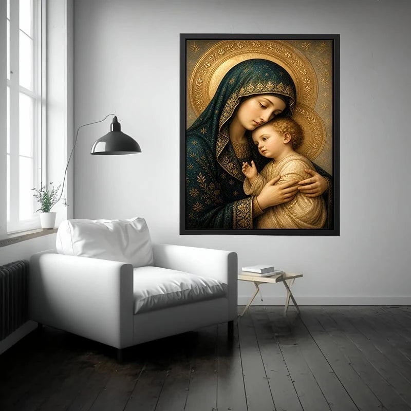 Virgin Mary and Child luxury religious wall art with gold halo and blue robes, sacred Christian canvas painting with Renaissance inspired detailing