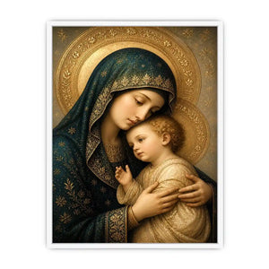 Virgin Mary and Child luxury religious wall art with gold halo and blue robes, sacred Christian canvas painting with Renaissance inspired detailing