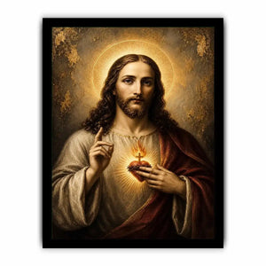 Sacred Heart of Jesus luxury Christian canvas wall art with glowing halo, golden divine light, and Renaissance inspired religious portrait