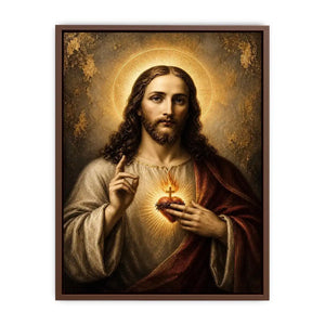 Sacred Heart of Jesus luxury Christian canvas wall art with glowing halo, golden divine light, and Renaissance inspired religious portrait