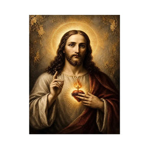 Sacred Heart of Jesus luxury Christian canvas wall art with glowing halo, golden divine light, and Renaissance inspired religious portrait