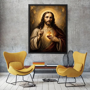 Sacred Heart of Jesus luxury Christian canvas wall art with glowing halo, golden divine light, and Renaissance inspired religious portrait