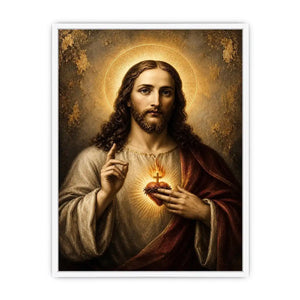 Sacred Heart of Jesus luxury Christian canvas wall art with glowing halo, golden divine light, and Renaissance inspired religious portrait