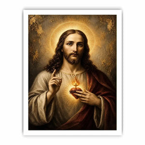 Sacred Heart of Jesus luxury Christian canvas wall art with glowing halo, golden divine light, and Renaissance inspired religious portrait