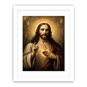 Sacred Heart of Jesus luxury Christian canvas wall art with glowing halo, golden divine light, and Renaissance inspired religious portrait