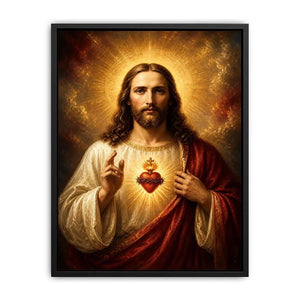 Sacred Heart of Jesus wall art with glowing halo and golden spiritual renaissance painting canvas print