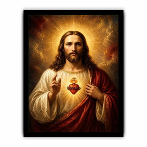 Sacred Heart of Jesus wall art with glowing halo and golden spiritual renaissance painting canvas print