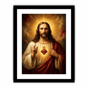 Sacred Heart of Jesus wall art with glowing halo and golden spiritual renaissance painting canvas print