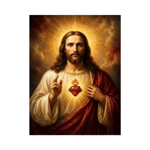 Sacred Heart of Jesus wall art with glowing halo and golden spiritual renaissance painting canvas print