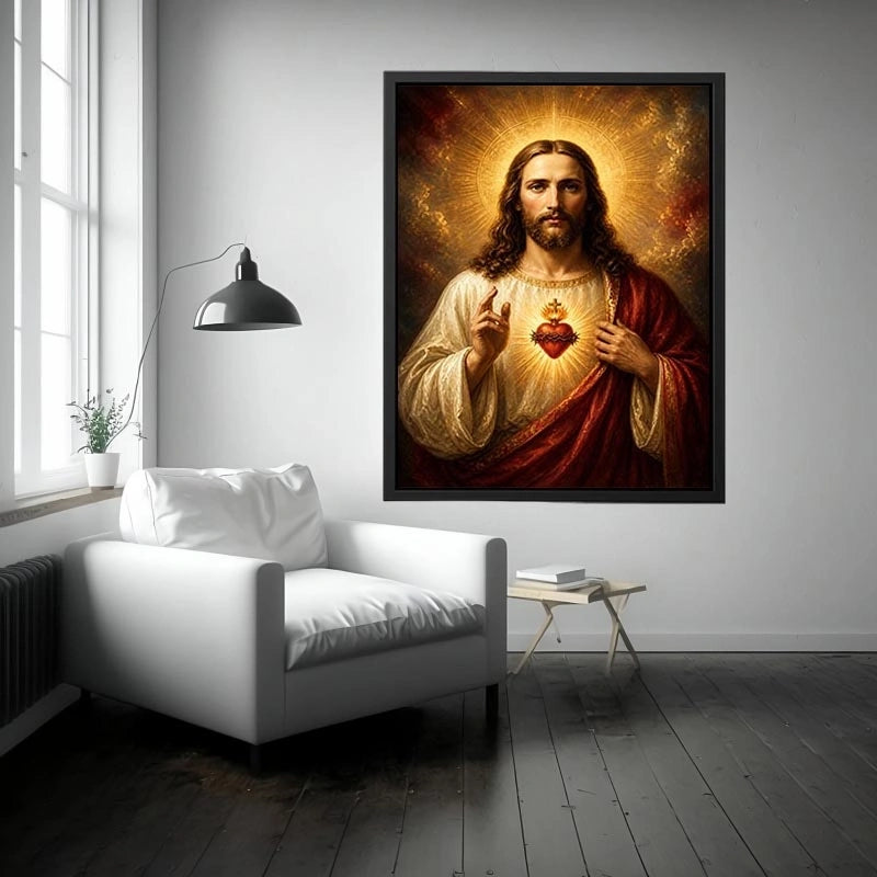 Sacred Heart of Jesus wall art with glowing halo and golden spiritual renaissance painting canvas print