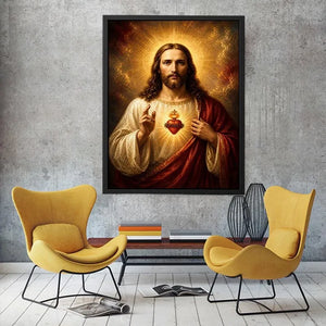 Sacred Heart of Jesus wall art with glowing halo and golden spiritual renaissance painting canvas print