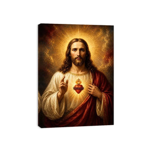Sacred Heart of Jesus wall art with glowing halo and golden spiritual renaissance painting canvas print