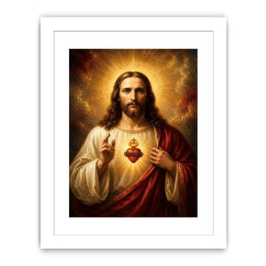 Sacred Heart of Jesus wall art with glowing halo and golden spiritual renaissance painting canvas print