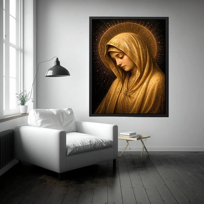 Golden Virgin Mary wall art with radiant halo luxury renaissance religious canvas print