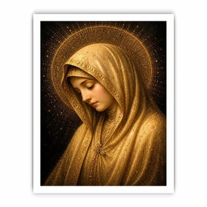 Golden Virgin Mary wall art with radiant halo luxury renaissance religious canvas print