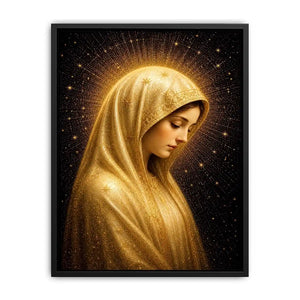 Virgin Mary celestial wall art with glowing golden halo luxury religious canvas print