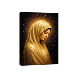 Virgin Mary celestial wall art with glowing golden halo luxury religious canvas print