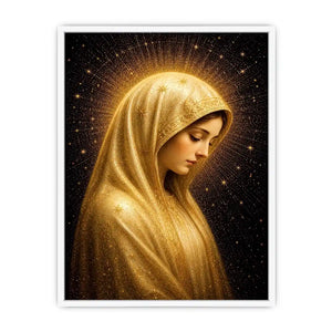 Virgin Mary celestial wall art with glowing golden halo luxury religious canvas print