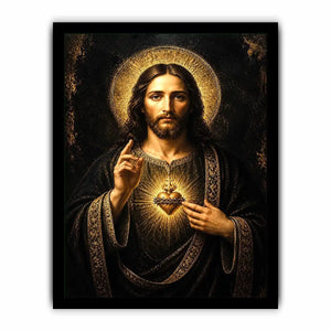 Sacred Heart Jesus black and gold wall art luxury renaissance religious canvas print