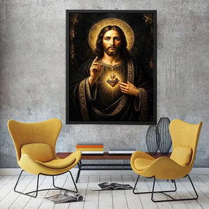 Sacred Heart Jesus black and gold wall art luxury renaissance religious canvas print
