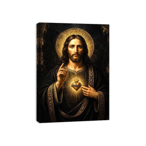 Sacred Heart Jesus black and gold wall art luxury renaissance religious canvas print