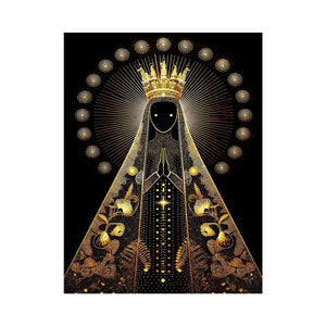 Black and gold Virgin Mary celestial wall art with radiant halo and sacred luxury religious illustration canvas print