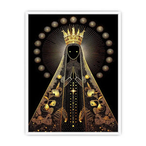 Black and gold Virgin Mary celestial wall art with radiant halo and sacred luxury religious illustration canvas print