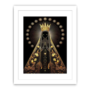 Black and gold Virgin Mary celestial wall art with radiant halo and sacred luxury religious illustration canvas print