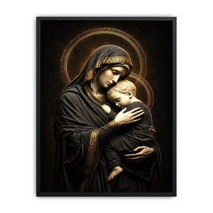 Black and gold Madonna and Child wall art with celestial halo luxury religious canvas print