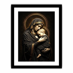 Black and gold Madonna and Child wall art with celestial halo luxury religious canvas print