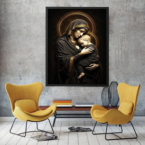 Black and gold Madonna and Child wall art with celestial halo luxury religious canvas print