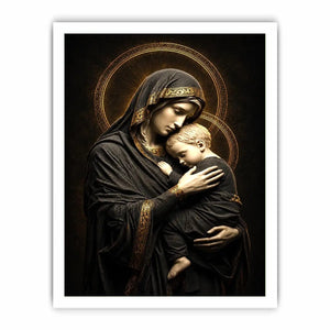 Black and gold Madonna and Child wall art with celestial halo luxury religious canvas print