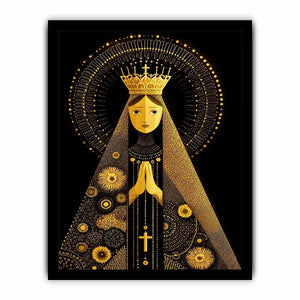 Black and gold Madonna wall art with celestial halo and crown minimalist religious canvas print